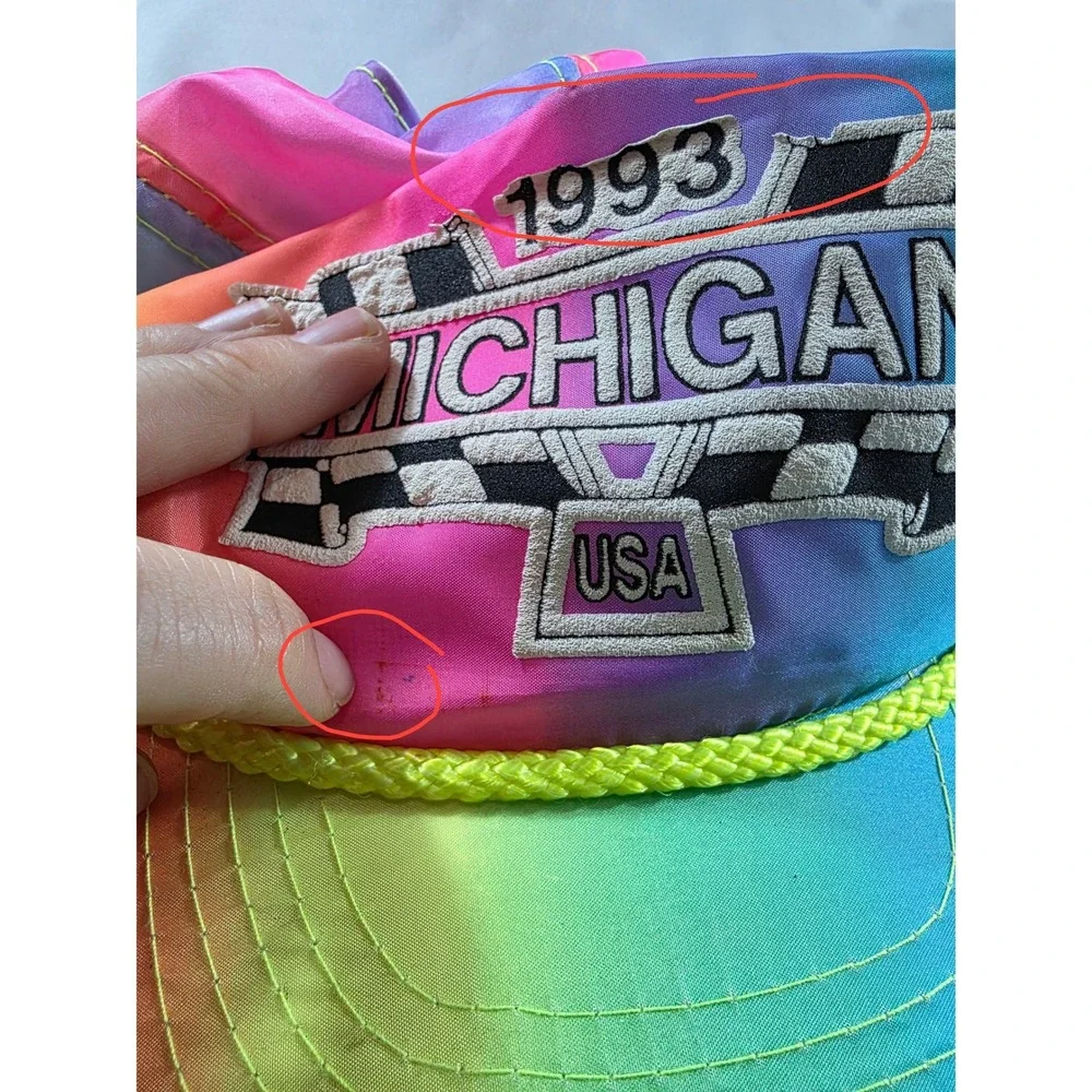 90s Vintage Michigan Speedway USA Hat OSFA Rainbow Neon Nylon Otto Cap